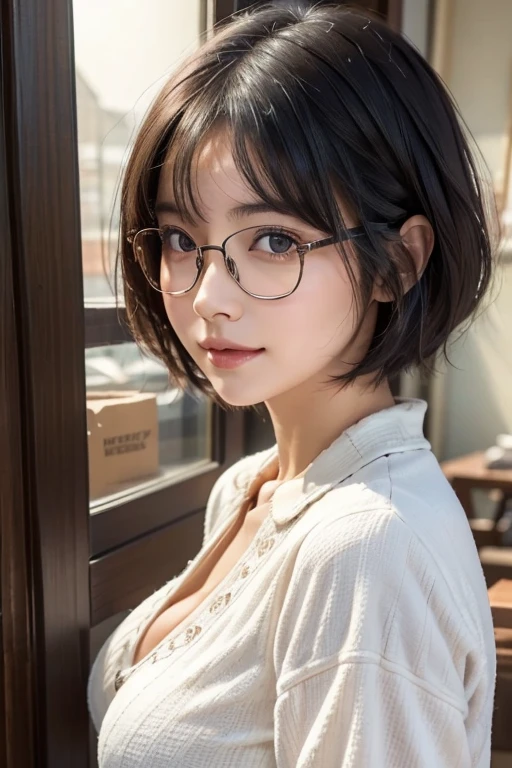 ((Highest quality)), ((masterpiece)), (detailed), pretty girl,Light clothing,Big Breasts,Black Hair,Glasses,Short Hair