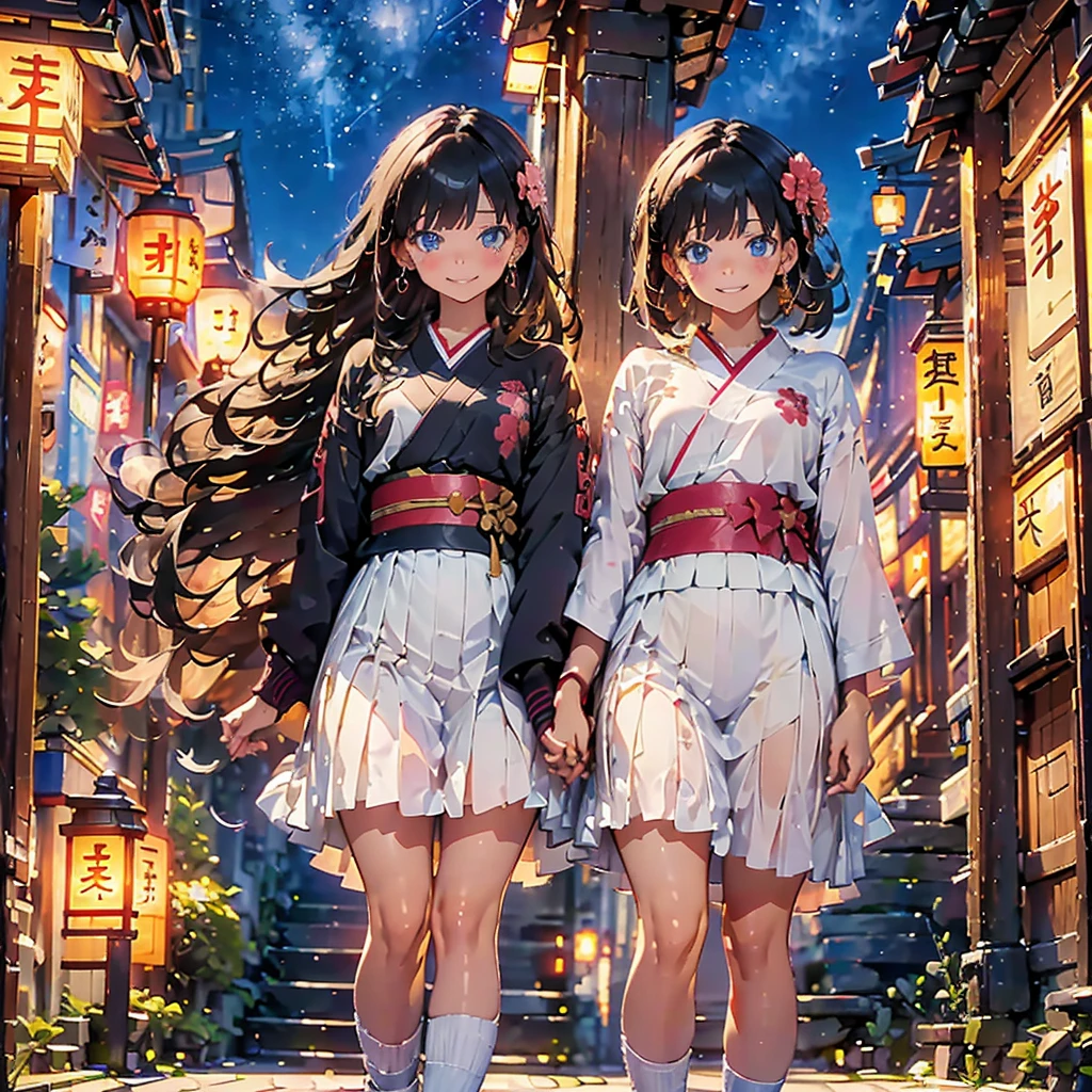 (masterpiece), (high resolution 8K), professional illustration,(1 girl), late teenage, standing, thigh focus, dutch angle, japanese clothes, kimono, hair ornament, long hair, smile, looking up, shrine, temple, torii, beautiful starry sky, natural lighting, high contrast, stunning face, symmetrical clear eyes, detailed eyes and face, detailed skin