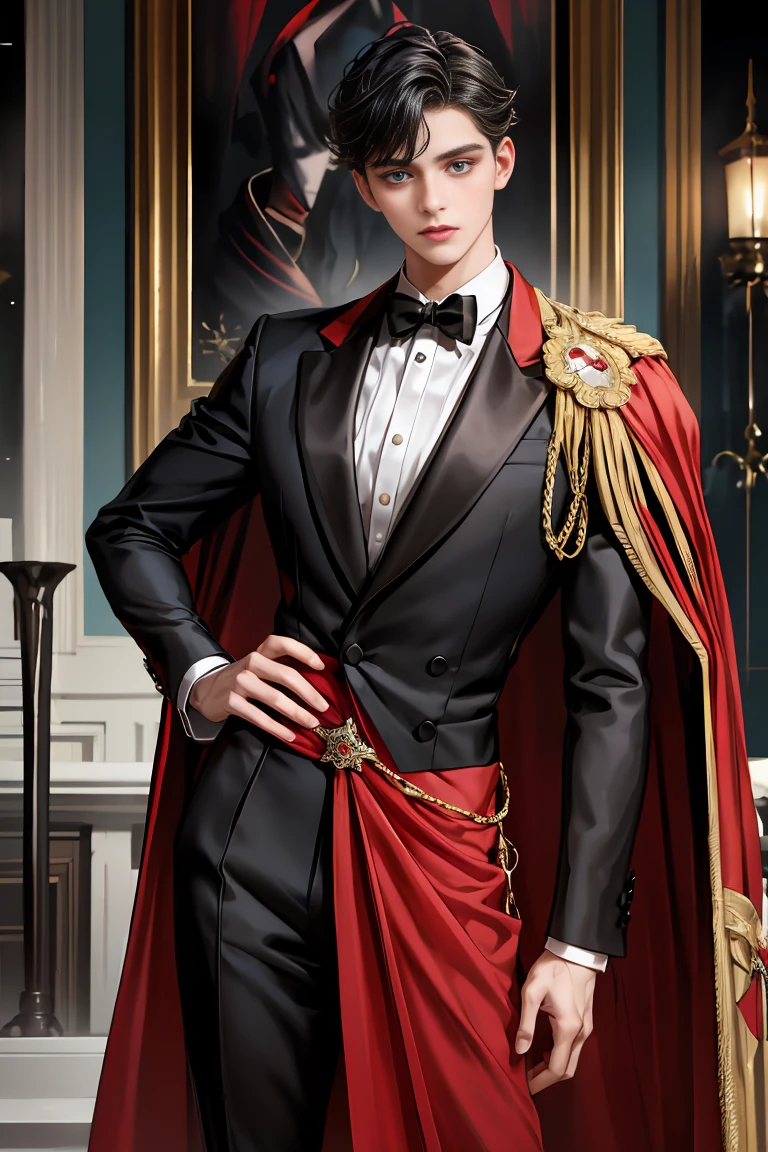 
masterpiece, 最high quality, high quality, 1 boy, alone, Male focus, Watching the audience,  Messy black hair, Adorable big blue eyes, White people, Noble, Noble,Sexy voluminous black and red cape、Tuxedo、A very voluminous, large, very large, very large, long, long red and black cape with a high stand-up collar, reaching down to the floor, made of a lot of fabric., ,Cute beautiful boys,Cute, cute, kind, handsome guy