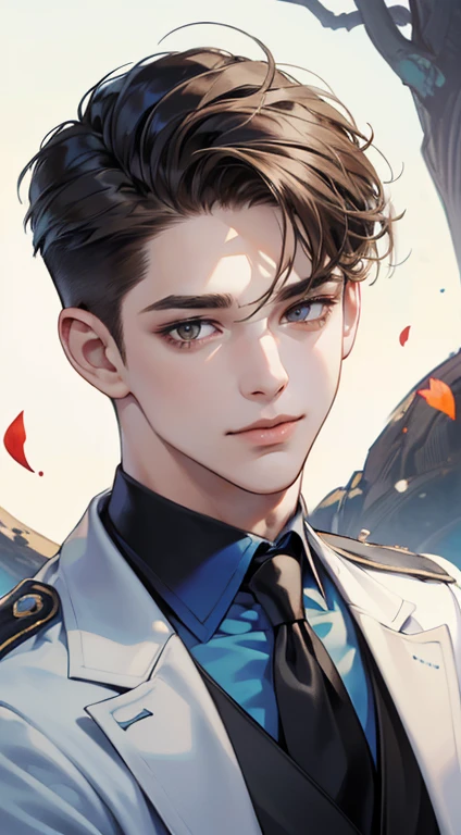 ((masterpiece)),(((best quality))), (detailed light) (detailed shadow), (high quality, breathtaking),(expressive eyes, perfect face), 1man, solo, male, tall, (mature), board shoulder, muscular, (((undercut hairstyle))), short brown hair, ((blue eyes))), happy smiling face, black suit, white tie, oak tree background, flower petal flying, windy, look at viewer,