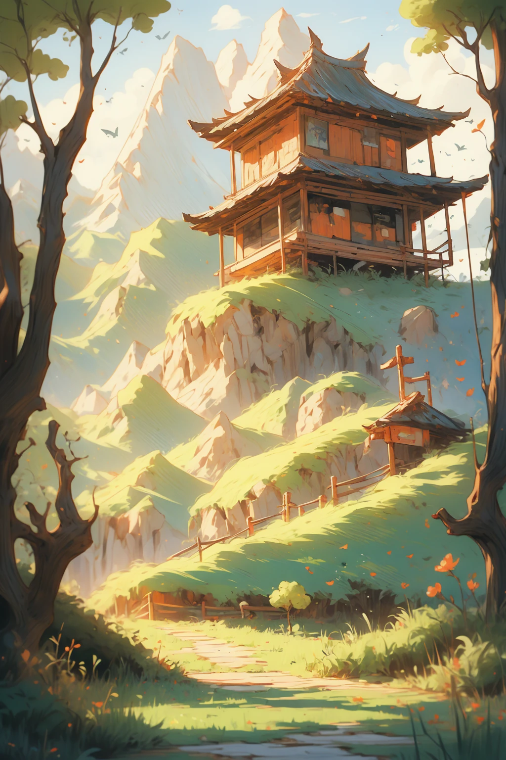 Forest,a small hut tree,wide area angle,grass, mountain,line weight, samdoesart style
