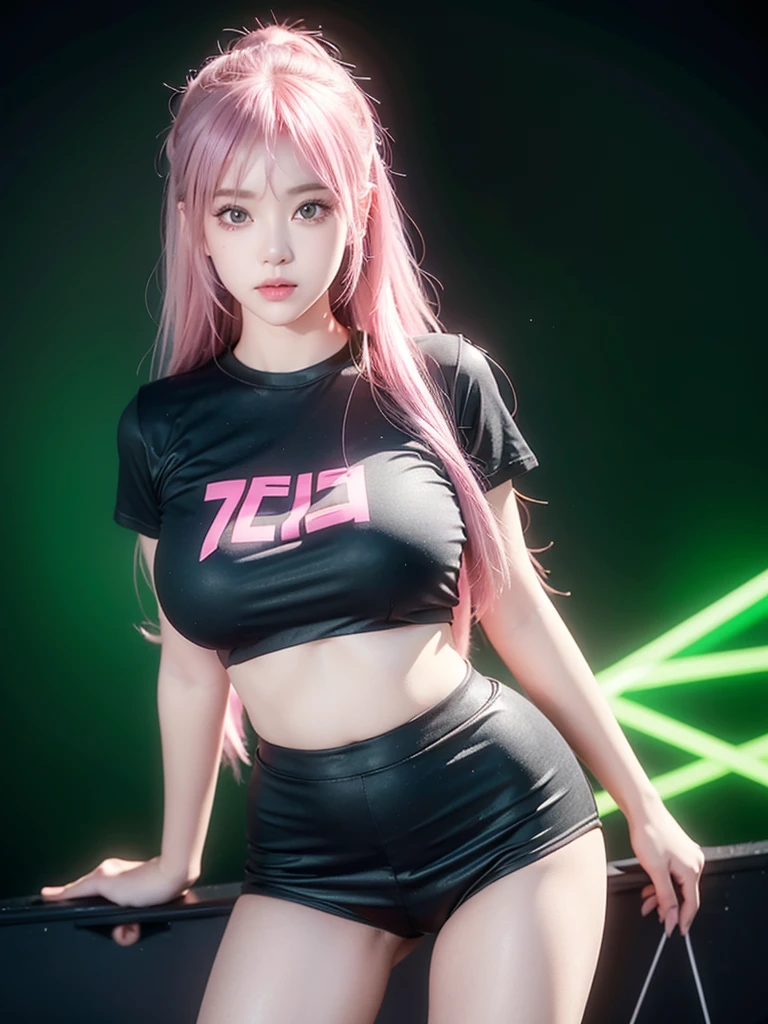  21yo girl,pink hair,long hair, wearing black t-shirt, green neon light,black background, natural big breast, show big thigh, plump body,single sidelock hairpin blush modern cinematic lighting,ray tracing,drop shadow wide shot UHD,textured skin,high details,best quality 4K