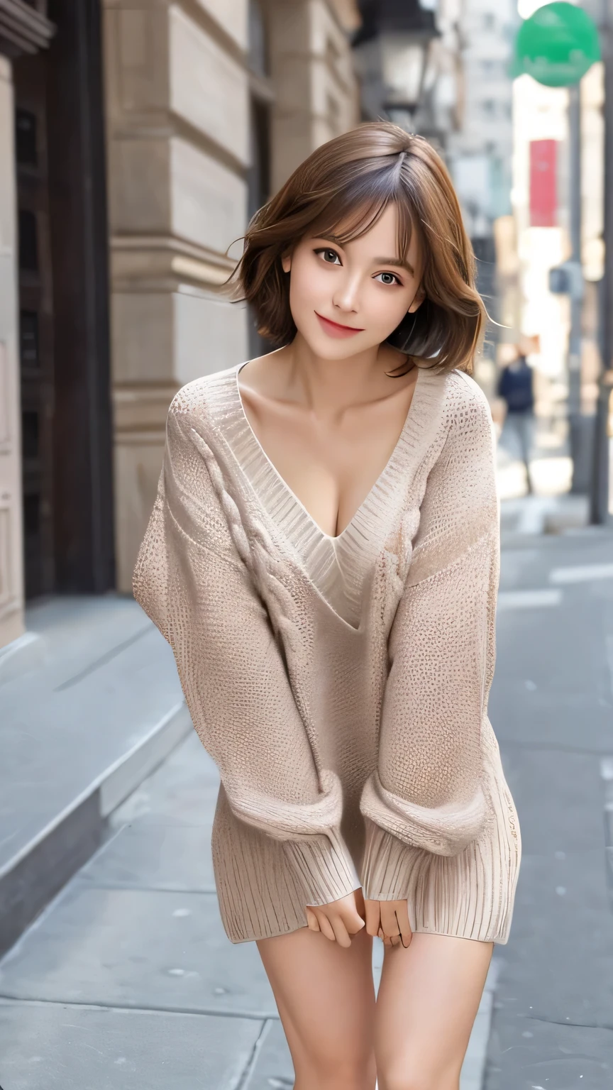 Non-NSFW、Realistic、Highest quality、Highest quality、masterpiece、Ultra-high resolution、RAW Photos、Realistic、Bright lighting、Face Light、Smooth Professional Lighting、Looking into the camera、alone、Adult female、Beautiful woman、Super Beauty、Realistic肌、Moisturized Skin、Realistic eyes and faces、Perfect model body shape、Beautiful Eyes、Big eyes、Inconspicuous tear bags、slim、No bra、Beautiful fingers、Very short hair、Brown Hair、Iris、Looks happy、(Both ears are hidden by hair), (front-open V-neck Long knee-length sweater:1.5), (Long knee-length sweater:1.2),In the city, Small Ass, (Large Breasts:1.1),(Venus' Nipples:1.2), A konigsreuter、Sexy Random Poses,(standing:1.1),(from behind:1.6)