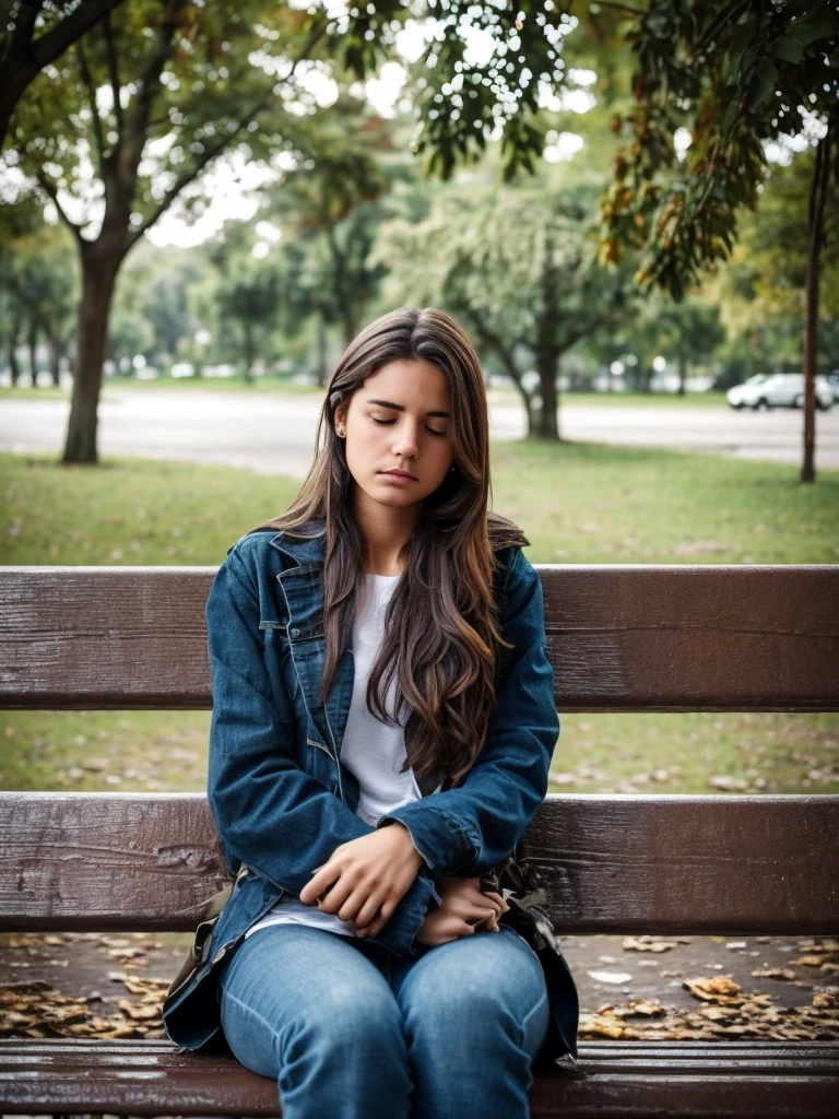 A young woman with a distant look, with messy hair and disheveled clothes, sits on a park bench. His expression mixes confusion and sadness, reflecting an internal struggle. The clasped hands suggest a search for stability amidst a whirlwind of thoughts and emotions. ao redor, Fallen leaves and a cloudy sky intensify the climate of uncertainty and introspection. Segundo um espelho de mão 