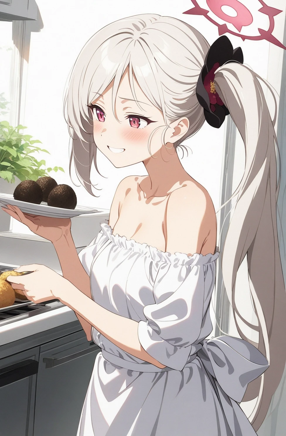 best quality, amazing quality, very aesthetic, absurdres, (1girl, mutsuki, blue archive, solo, red eyes, white hair, side ponytail), (realistic face:0.7),(off-shoulder dress:1.8),dress lift, (grin, blush, thigh:1.3), (cowboy shot), (glowing eyes:1.1), (half closed eyes:0.9), (from side:2),(from above:0.2), (kitchen), expressive eyes, perfect face, 4k, extremely detailed anime illustration, extremely detailed eyes, perfect anatomy, light rays, extremely delicate body, smooth skin, (school background:1.5), clear eyes, beautiful face, small breasts,(anime style:1.5), (Chiaroscuro:1.5), (highres:2), In the kitchen, brightly lit by the morning sun, a woman in a white apron is smiling at us. In her right hand is a handful of rice balls, and in her left is a small white plate filled with salt. Her smile is as if she is saying, "Look, it's almost ready.
