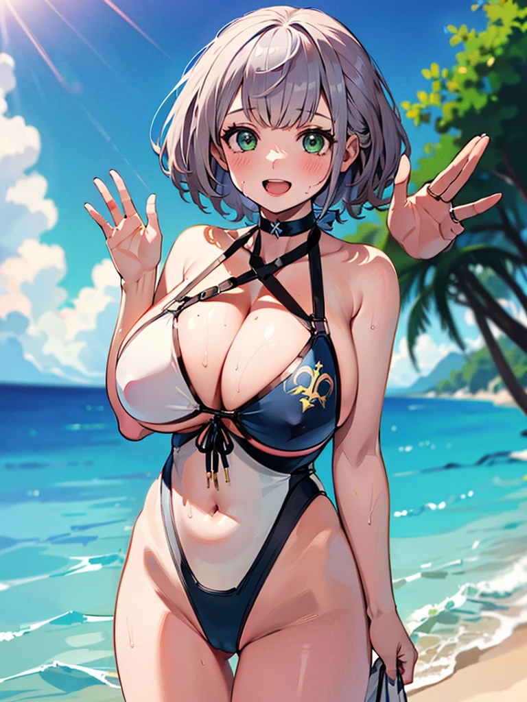 (masterpiece, Highest quality, Super detailed),One girl,((super fine illustration)),((cute eyes,highly detailed skin)),((smile)),((well endowed,Blessed,Captivating body、Detailed Background))、(sun、vacation、Tropical、With the sea in the background)、(glossy skin:1.1)、(sweat, blush, narrow eyes, open mouth), (face full of joy:1.3), (white swimsuit high leg swimsuit,slingshot swimsuit,criss-cross halter, cleavage, navel:1.3) 、(Waving gesture:1.3)