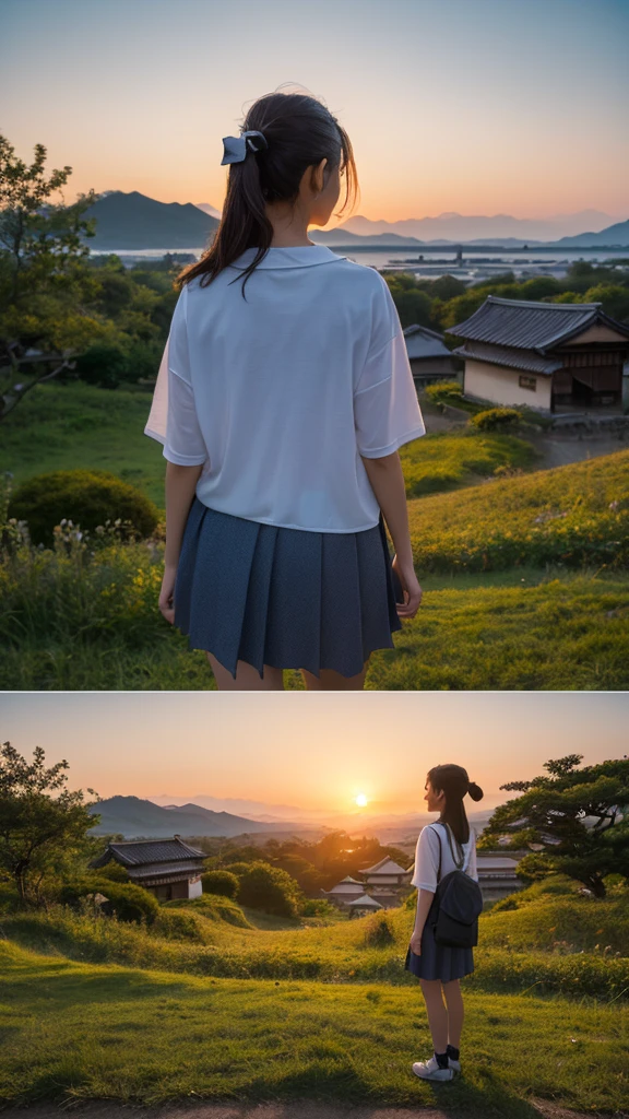Landscape painting、Japanese village scenery、Photo Style、evening、A high school girl is standing facing backwards、Back view、evening、sunset、