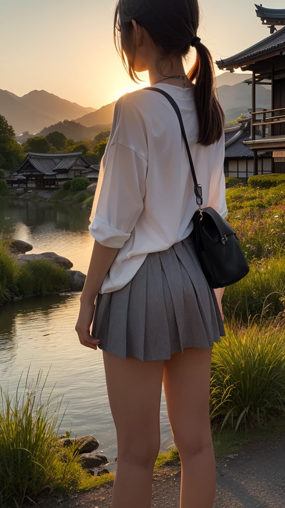 Landscape painting、Japanese village scenery、Photo Style、evening、A high school girl is standing facing backwards、Back view、evening、sunset、