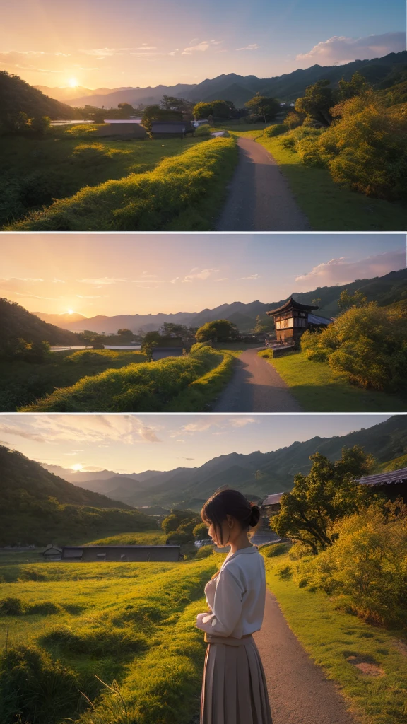 Landscape painting、Japanese village scenery、Photo Style、evening、A high school girl is standing facing backwards、Back view、evening、sunset、