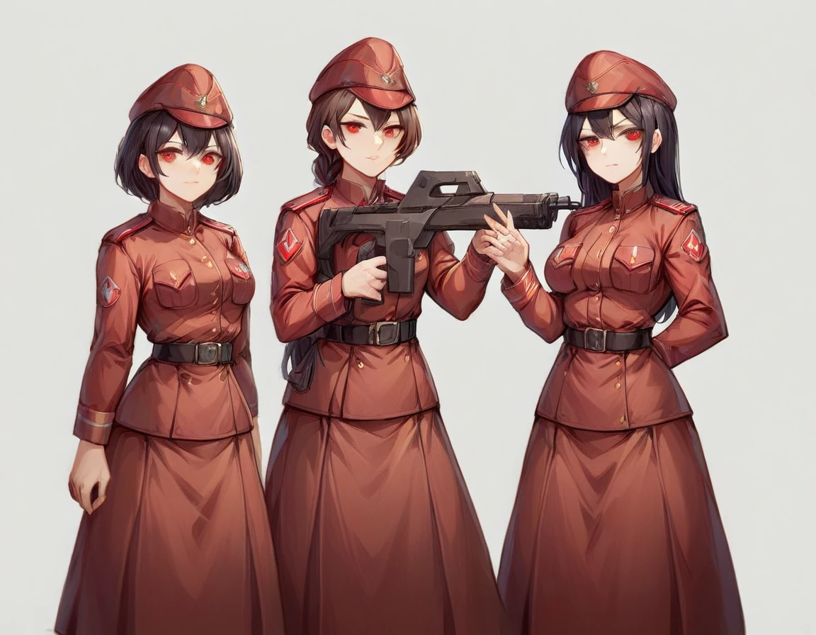 A platoon of girls wearing bright red military uniforms and long red skirts、A girl platoon leader wearing a red military uniform and a red long skirt and equipped with an anti-material rifle、Three girls in red military uniforms and red long skirts, equipped with assault rifles、