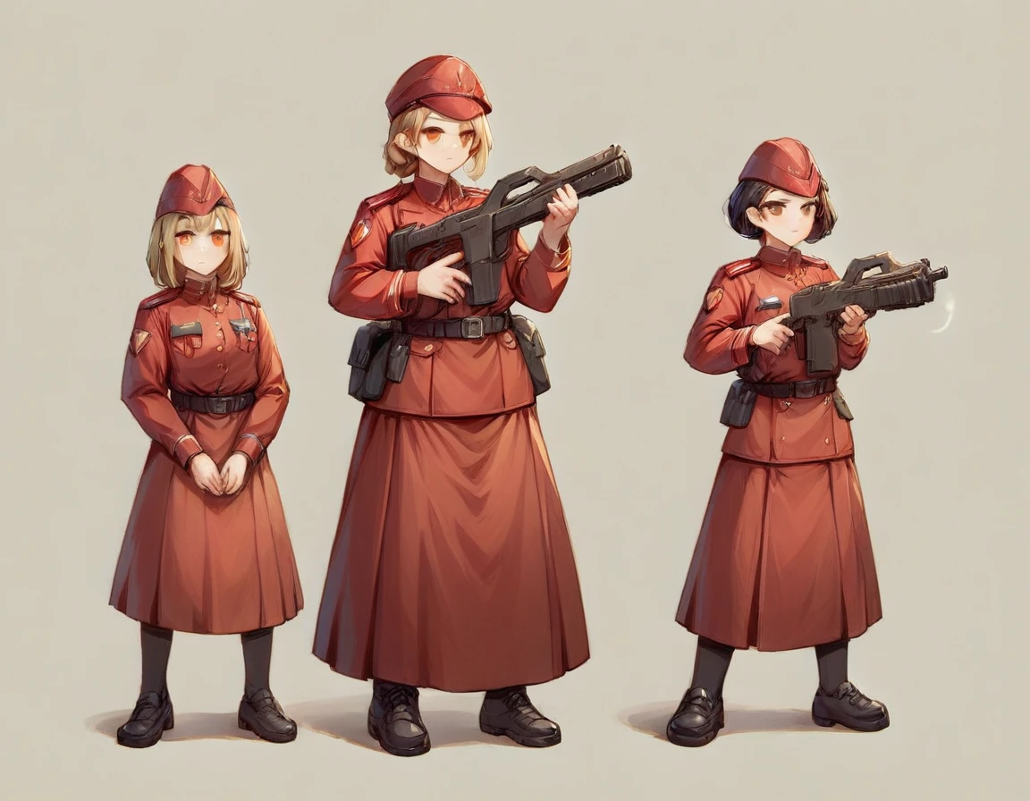 A platoon of girls wearing bright red military uniforms and long red skirts、A girl platoon leader wearing a red military uniform and a red long skirt and equipped with an anti-material rifle、Three girls in red military uniforms and red long skirts, equipped with assault rifles、