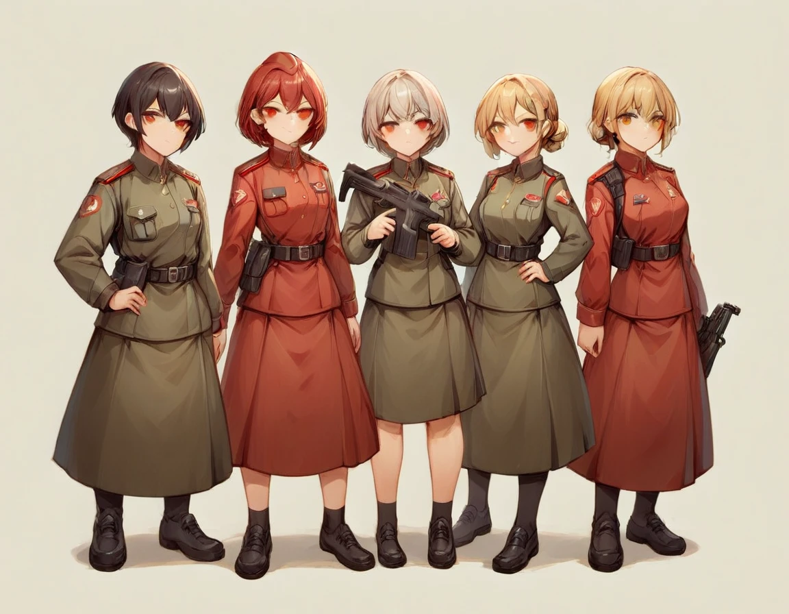 A platoon of girls wearing bright red military uniforms and long red skirts、A girl platoon leader wearing a red military uniform and a red long skirt and equipped with an anti-material rifle、Three girls in red military uniforms and red long skirts, equipped with assault rifles、