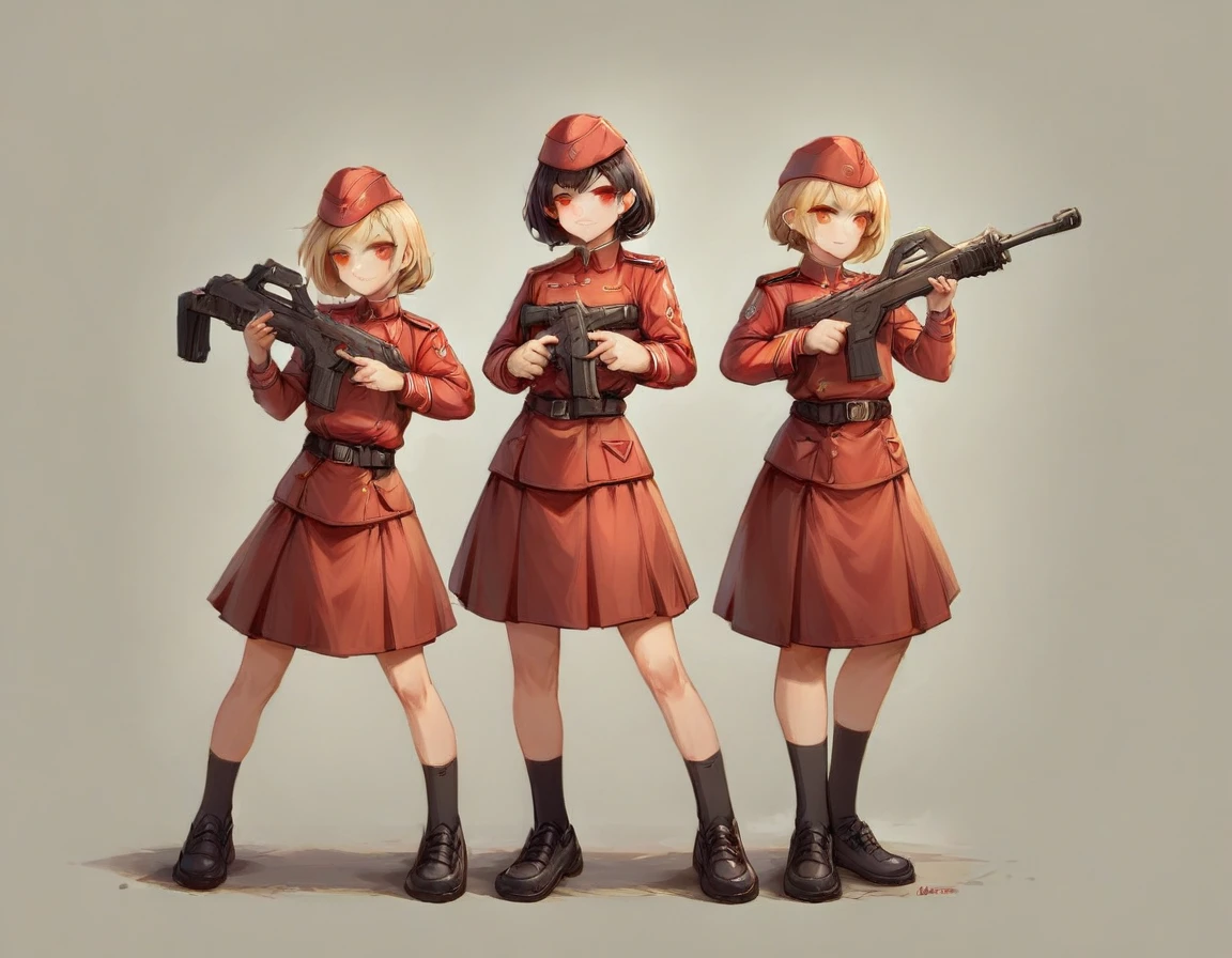 A platoon of girls wearing bright red military uniforms and long red skirts、A girl platoon leader wearing a red military uniform and a red long skirt and equipped with an anti-material rifle、Three girls in red military uniforms and red long skirts, equipped with assault rifles、