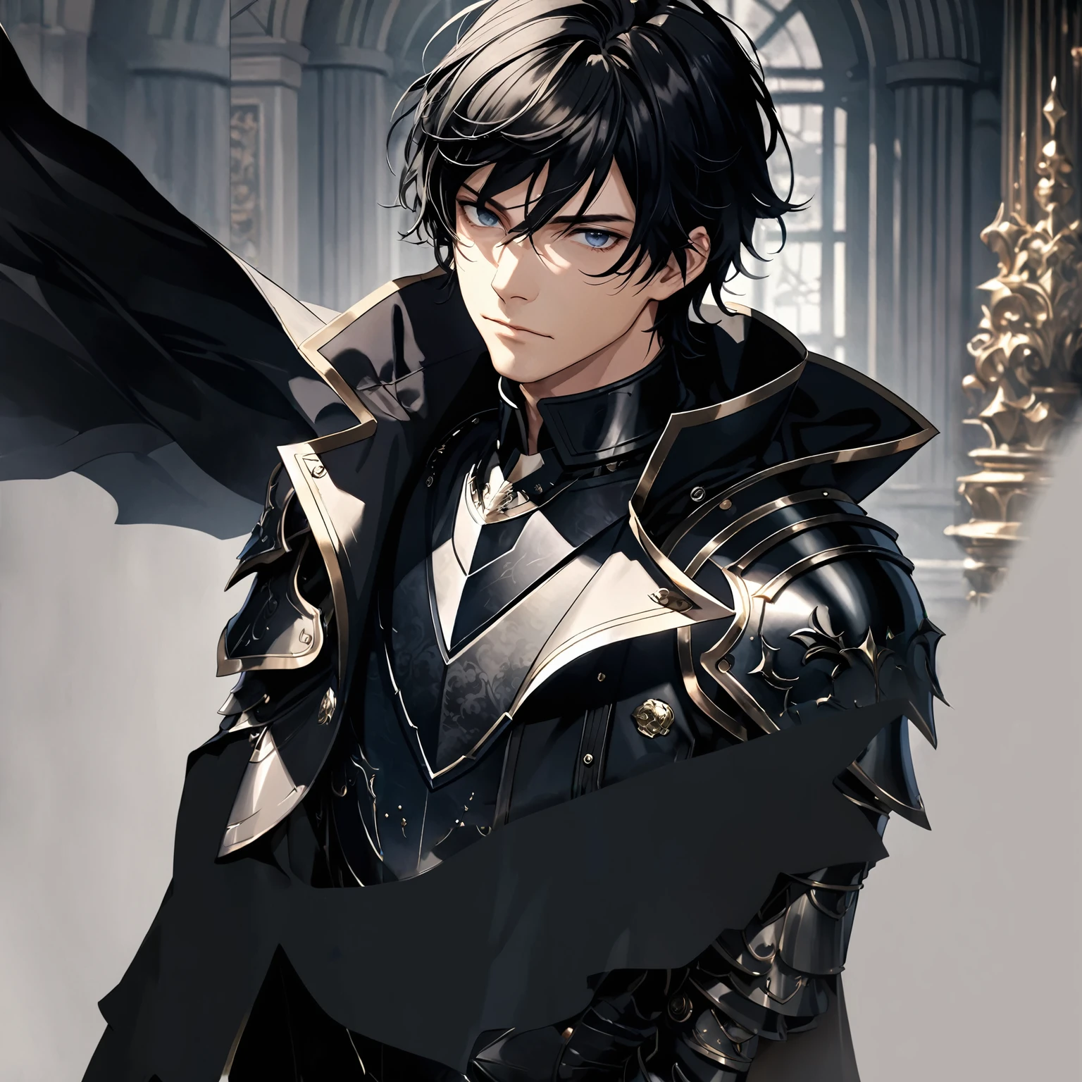 masterpiece, best quality, 1man, adult, male focus, solo, medium hair, black hair,, looking at viewer, cape, High quality metal texture, overcoat, closed mouth, upper body, bangs, high collar,(kbxll:0.6), Fantasy aesthetics, Highly detailed, shadowverse style, armored gloves, metallic gloves, black armor