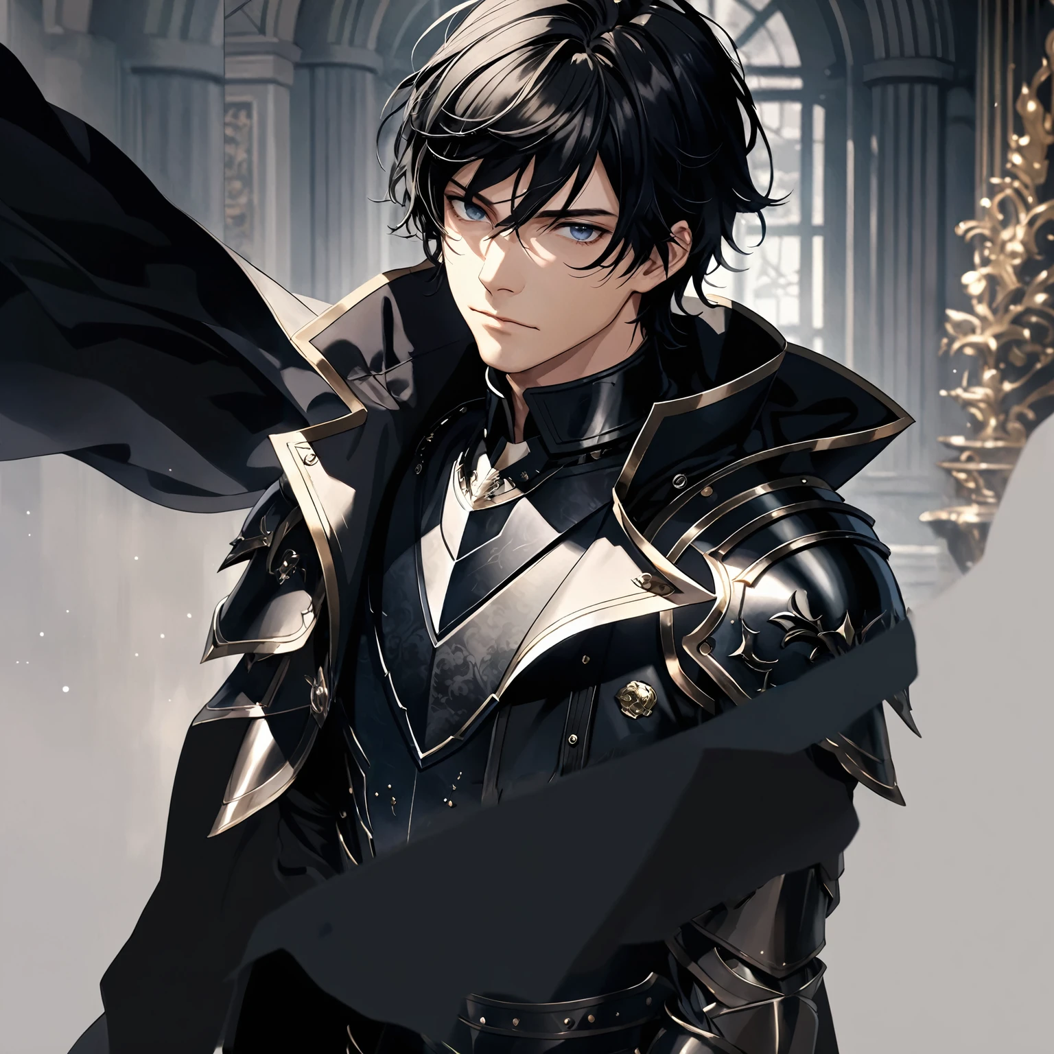masterpiece, best quality, 1man, adult, male focus, solo, medium hair, black hair,, looking at viewer, cape, High quality metal texture, overcoat, closed mouth, upper body, bangs, high collar,(kbxll:0.6), Fantasy aesthetics, Highly detailed, shadowverse style, armored gloves, metallic gloves, black armor