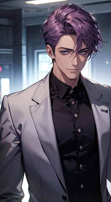 (best quality, masterpiece, 8K, photorealistic, cinematic lighting, 1:4 hdr image, ultra detailed, beautiful image), a mature man, 35 years very handsome, ((cold expression smile in love)), short  purple hair, blue eyes, face perfect without mistakes, ((buttoning his jacket, CEO)), smile.