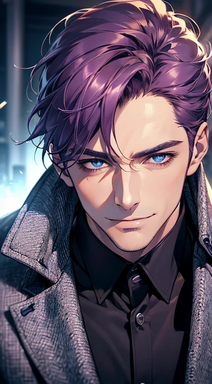 (best quality, masterpiece, 8K, photorealistic, cinematic lighting, 1:4 hdr image, ultra detailed, beautiful image), a mature man, 35 years very handsome, ((cold expression smile in love)), short  purple hair, blue eyes, face perfect without mistakes, ((buttoning his jacket, CEO)), smile.