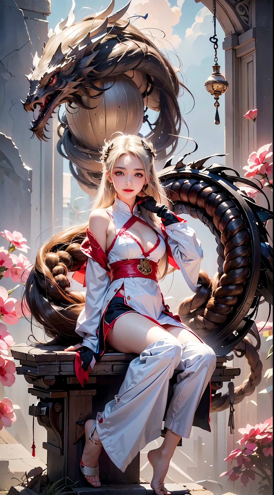white dragon, Silver hair, Brunette Girl, big Smile, Super beautiful sparkling eyes、Girl hanging from ceiling with arms tied with rough rope、Sweat、The rope bound her body、Wet body、Rough rope digging into crotch、A large amount of liquid flows out from the groin、One leg is suspended above by a rough rope、Tied up with rope、Tightly bound、My hands are tied、Feet dangling from shackles (8k, Live Shooting, Highest quality, masterpiece: 1.4), Ultra-fine mesh, (Realism, Photorealistic: 1.48), masterpiece、最high quality、Super detailed、8k、Detailed light、Detailed Shadows、Raw、(Detailed skin)、(Realism: 1.2)、18 years old、Long Hair、White lace underwear、In the torrential rain, masterpiece, 最high quality, Ultra-high resolution, (Realistic:1.4), Beautiful face in every detail, high qualityの衣類, Amazing European Women, Wearing a white tank top, very cute, Portraiture, 肌が柔らかくてPerfect Face、Perfect Face, Shoot your hair, 8K resolution,Super Realistic,Very detailed,high quality, (Small breasts:1.5), Broad perspective,
