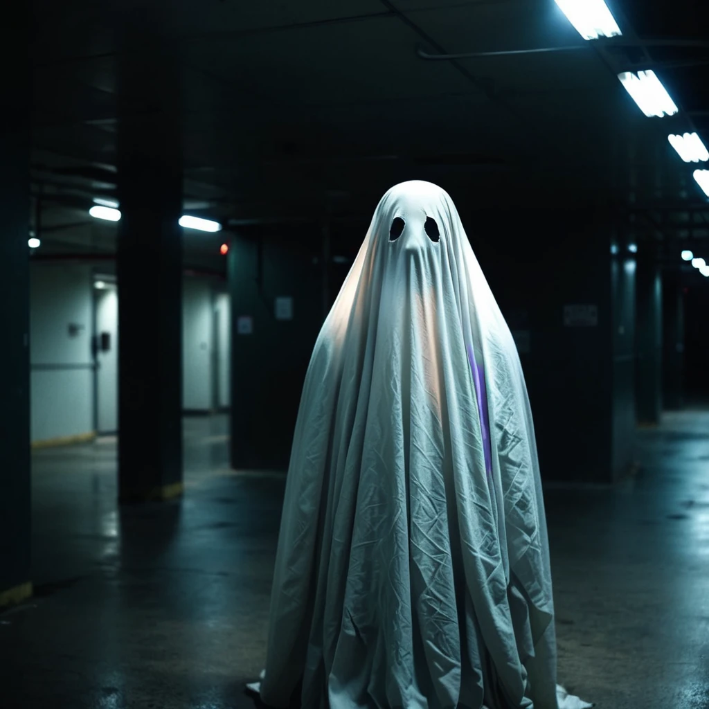 กลางแม่น้ำ very dark focused flash photo of sheetghost person at night in an indoor car park, wide angle, black background, 