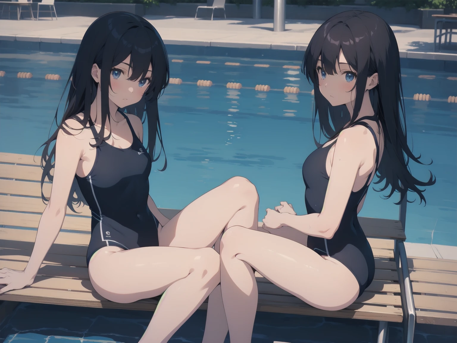 ultra-Top-quality by art God, ultra-detailed, high resolution, shinkai makoto style, anime moe artstyle, best anime 8k konachan wallpaper, pixiv contest winner, perfect anatomy, break,(Please draw a picture of a girl in a swimsuit sitting on a bench by the poolside alone.),break, a hyperrealistic school girl, parted lips, (Solo,ta, kid, 13-year-old:1.3),Full limbs, complete fingers, androgynous charm, very long hair, wet hair, small breasts,slender body, Small butt, groin, Small black eyes,hanme,beautiful detailed eyes, well-proportioned iris and pupils, sleepily, highres detailed hair, swimsuit, wet swimsuit, bare shoulders, thighs, in the school pool. break,super detailed skin, shiny skin, Best lighting powered by famous artist, 8k, illustration,UHD, textured skin,break,((artist:toosaka_asagi )), artist:clamp ,artist:carnelian ,artist:kantoku ,
