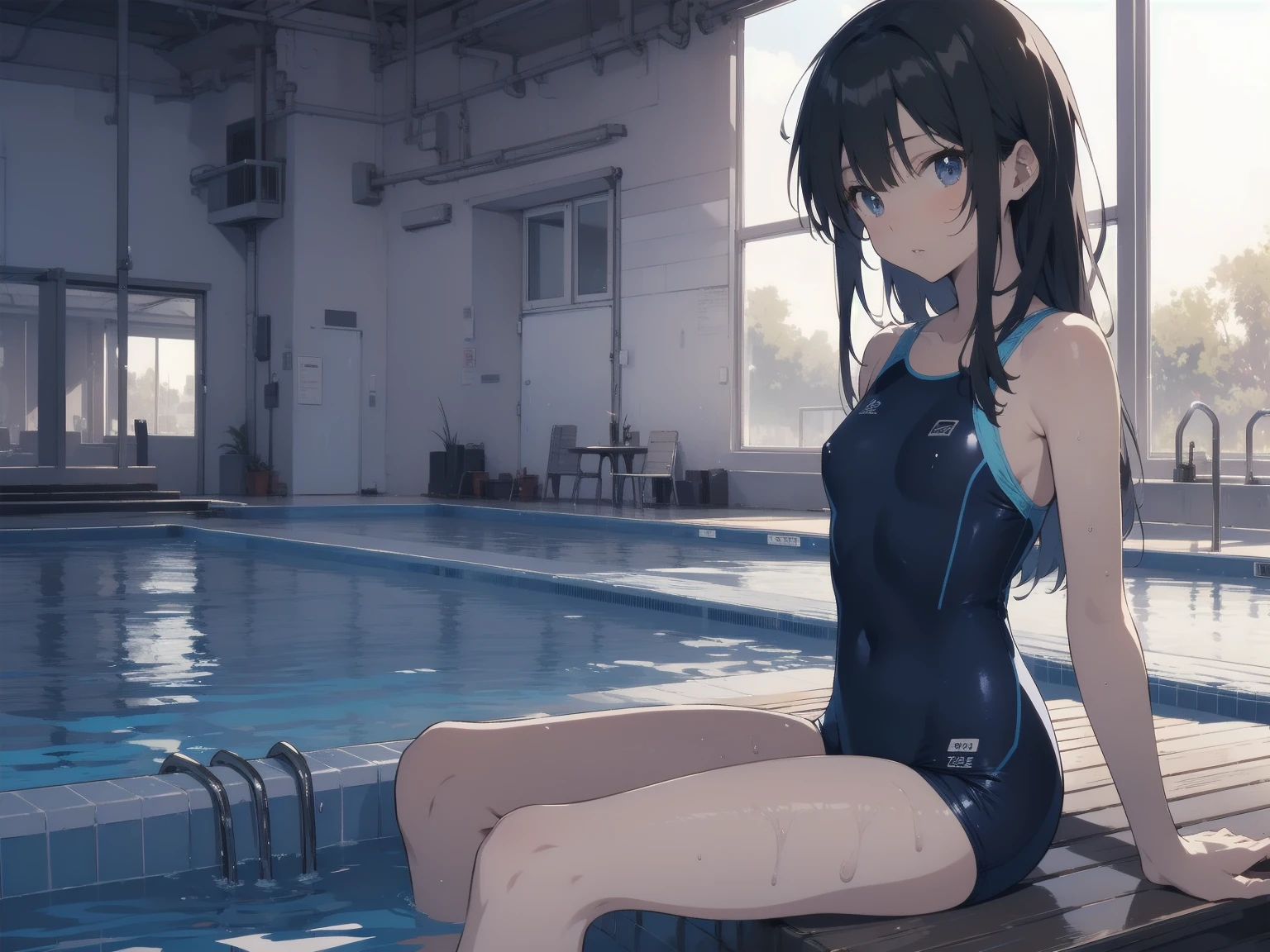 ultra-Top-quality by art God, ultra-detailed, high resolution, shinkai makoto style, anime moe artstyle, best anime 8k konachan wallpaper, pixiv contest winner, perfect anatomy, break,(Please draw a picture of a girl in a swimsuit sitting on a bench by the poolside alone.),break, a hyperrealistic school girl, parted lips, (Solo,ta, kid, 13-year-old:1.3),Full limbs, complete fingers, androgynous charm, very long hair, wet hair, small breasts,slender body, Small butt, groin, Small black eyes,hanme,beautiful detailed eyes, well-proportioned iris and pupils, sleepily, highres detailed hair, swimsuit, wet swimsuit, bare shoulders, thighs, in the school pool. break,super detailed skin, shiny skin, Best lighting powered by famous artist, 8k, illustration,UHD, textured skin,break,((artist:toosaka_asagi )), artist:clamp ,artist:carnelian ,artist:kantoku ,