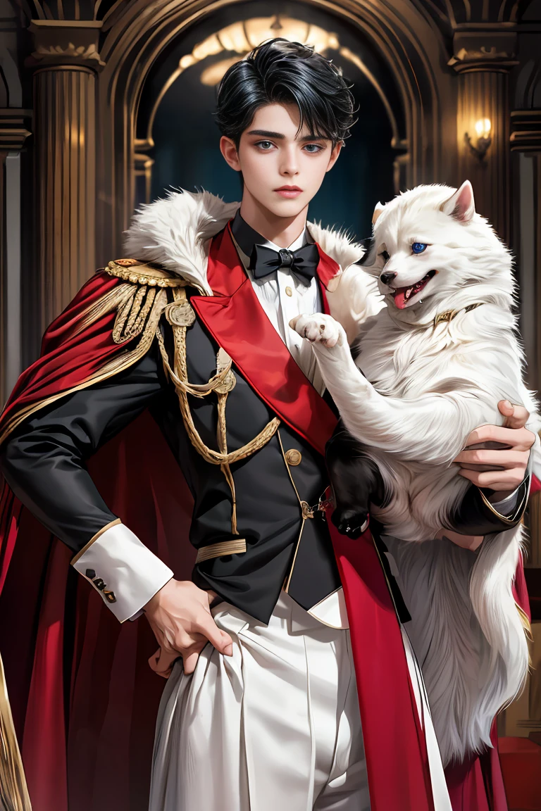 masterpiece, 最high quality, high quality, 1 boy, alone, Male focus, Watching the audience, Messy black hair, Adorable big blue eyes, White people, Noble, Noble,Sexy voluminous black and red cape、Tuxedo、A very voluminous, large, very large, very large, long, long red and black cape with a high stand-up collar, reaching down to the floor, made of a lot of fabric., ,Cute beautiful boys,Cute, cute, kind, handsome guy