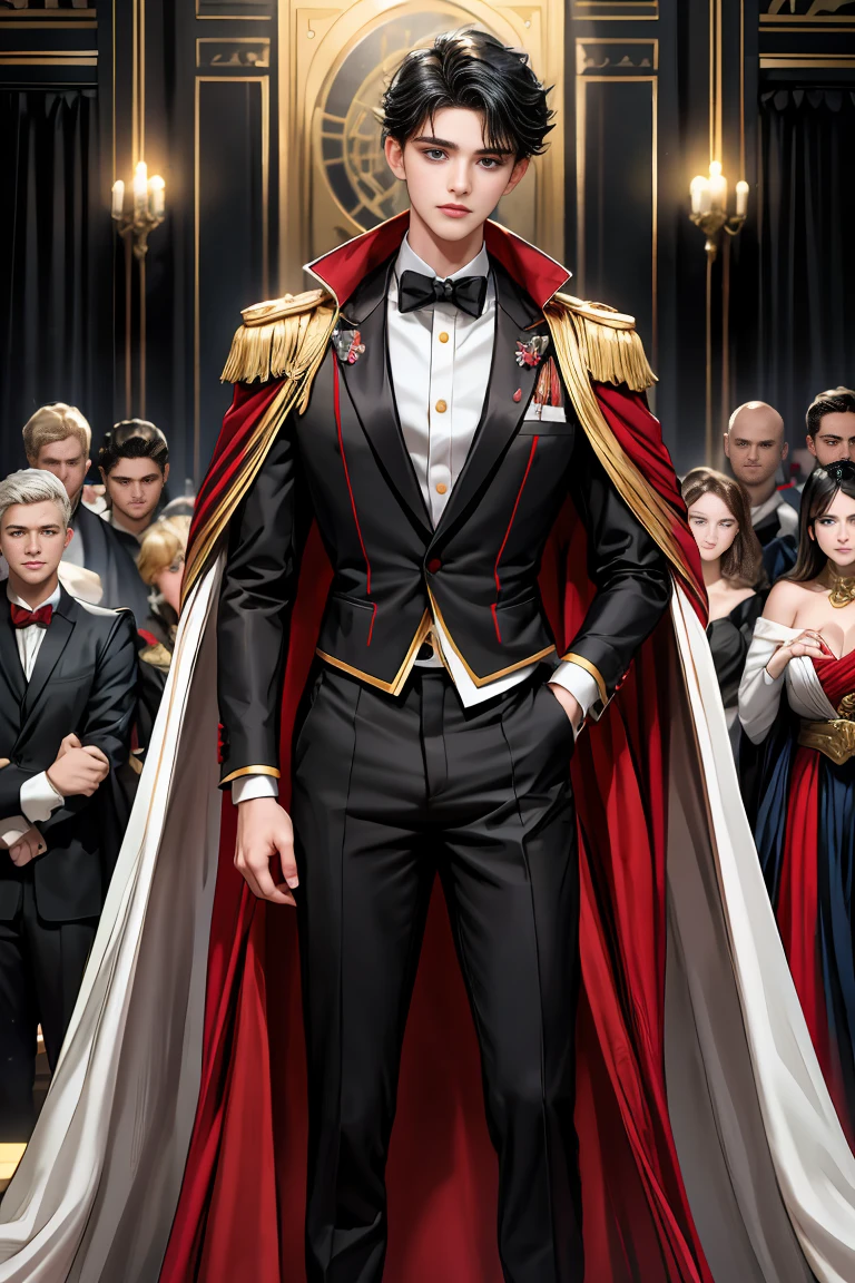 
masterpiece, 最high quality, high quality, 1 boy, alone, Male focus, Watching the audience,  Messy black hair, Adorable big blue eyes, White people, Noble, Noble,Sexy voluminous black and red cape、Tuxedo、A very voluminous, large, very large, very large, long, long red and black cape with a high stand-up collar, reaching down to the floor, made of a lot of fabric., ,Cute beautiful boys,Cute, cute, kind, handsome guy