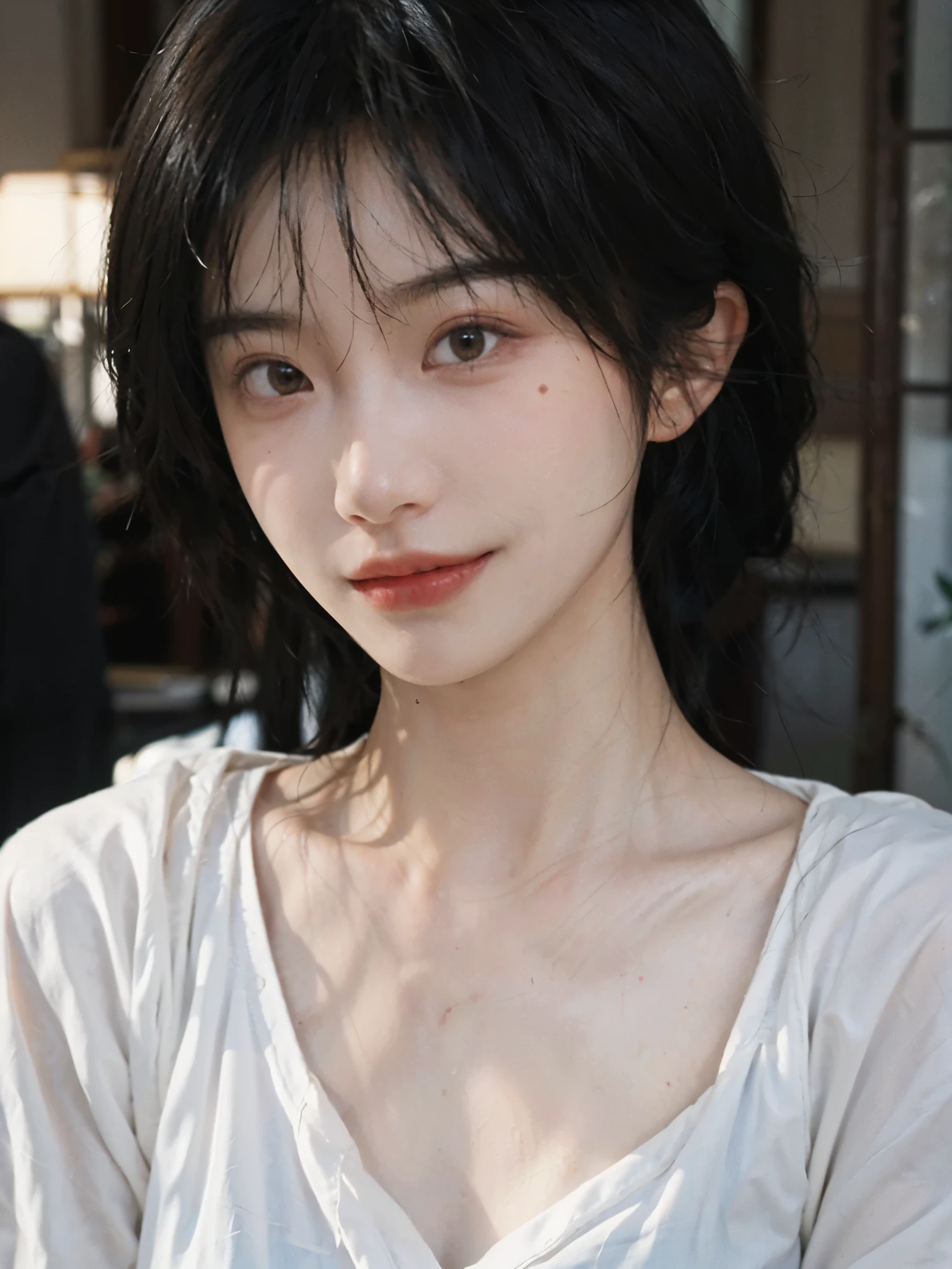 (Skin details:1.4), (smooth skin textures:1.3), (Upper Body:1.4),(Upper Body:1.3),(Black clothes:1.4),Lipstick, background, earrings, serene, calm, (Realistic and detailed eyes:1.2), Natural skin texture, Realistic facial details, Soft dramatic lighting, Vivid details, 35 mm film, outdoor, (Photo Practical:1.4), (hyper Practical:1.4), (Practical:1.3), (Smoother lighting:1.05), (Improve lighting quality:0.9), (Highest quality real skin textures:1.4), Exquisite eyes, Delicate face, Close-up of face, (Enhance the beauty of skin texture:1.1),0Normal body proportions, short hair, Moles under the eyes, A faint smile,Portrait Photography, Depth of Field, Bokeh, Surrealism, Ray Tracing, (Portrait Photography:1.1), Surrealism, High Detail, Chiaroscuro, Ray Tracing, reflected light, Ultra HD, Ultra HD, masterpiece, Textured Skin, Super Detail, High Detail, high quality, best quality