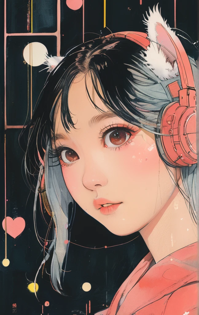 On a bright red campus"YES"Character、beautiful illustration, best quality, cute girl, bedroom, pastel color, fluffy bunny ears, , silver long hair, rabbit stuffed toy, bright lighting, light pink eyes、alone, One girl, profile,Black Bob, profile, The background color is solid yellow,An illustration