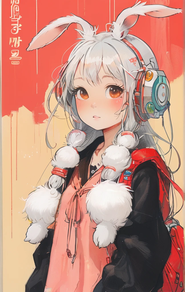 On a bright red campus"YES"Character、beautiful illustration, best quality, cute girl, bedroom, pastel color, fluffy bunny ears, , silver long hair, rabbit stuffed toy, bright lighting, light pink eyes、alone, One girl, profile,Black Bob, profile, The background color is solid yellow,An illustration