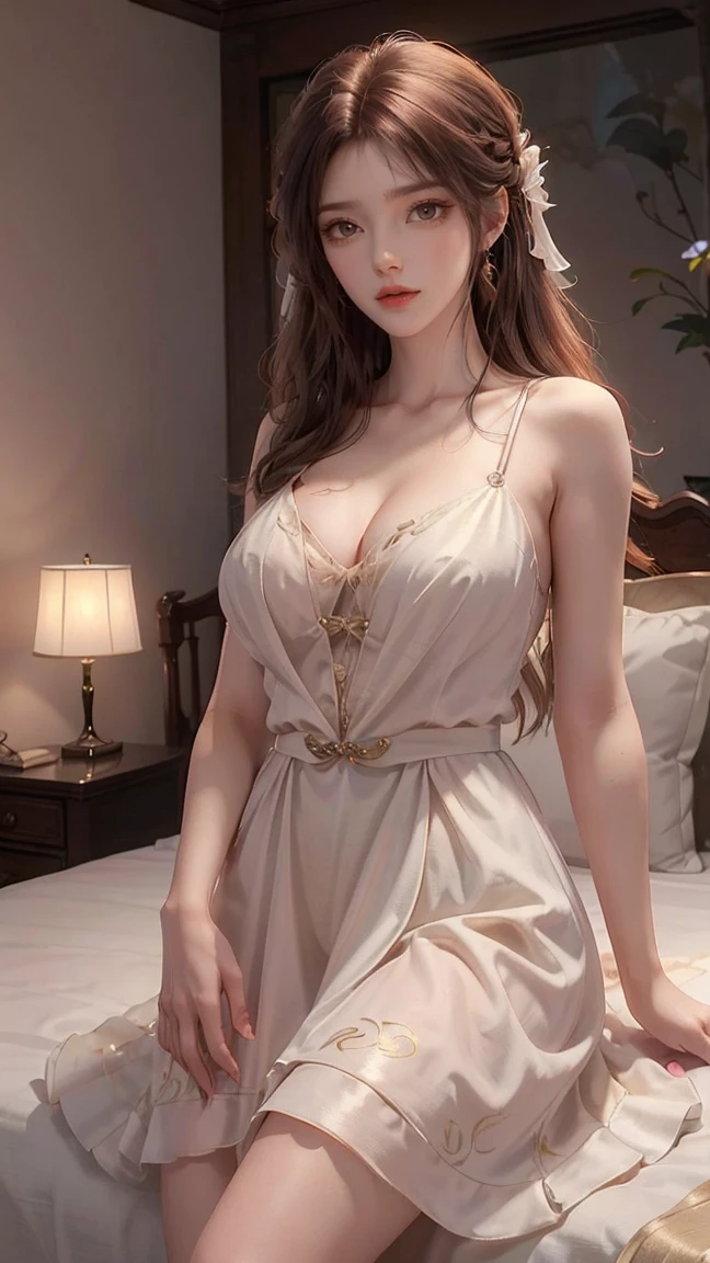  dress,tiered dress, ((Yushuxin,1 Girl,Solitary)), Warm colors, atmosphere, 4K, masterpiece, high resolution, ridiculous,  shoulders,  long legs, on the bed, Strike a pose, brown wavy hair, lust, eyes, Shy, pure desire, Tempting,  pose, , Very detailed face, Light and delicate makeup, Charm and sophistication, Attractive posture, beauty, grace, lifelike, Very detailed, amazing, beauty的, Young and energetic, Charming model