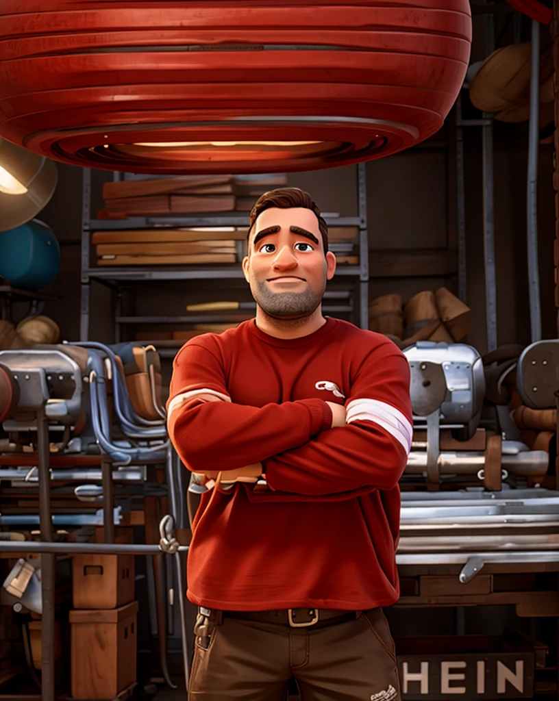 Disney pixar style man, red shirt, inside a warehouse, high qualiy, best qualityer.