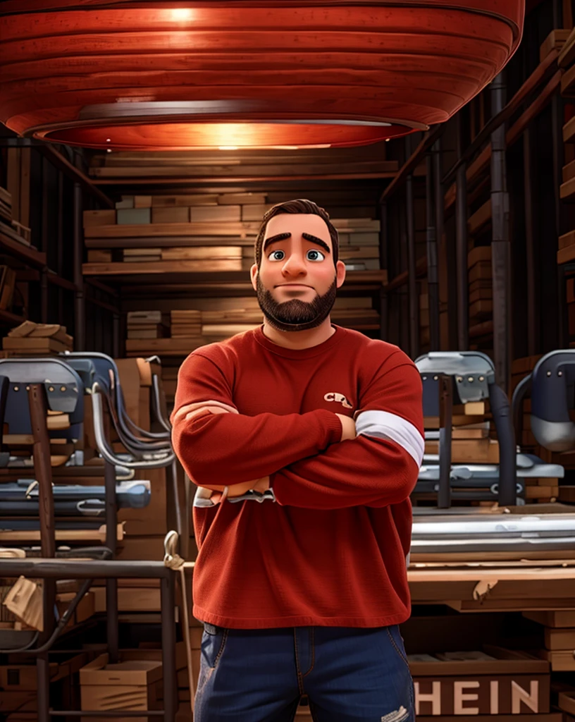 Disney pixar style man, red shirt, inside a warehouse, high qualiy, best qualityer.