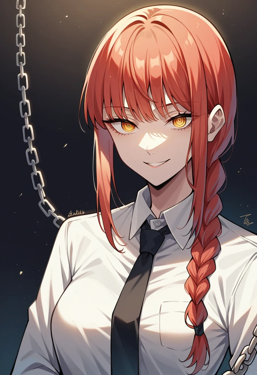 ชุดว่ายน้ำ masterpiece), (best quality),makima \(chainsaw man\), best quality, ultra detailed, 1girl, solo, standing, red hair, long braided hair, golden eyes, bangs, medium breasts, white shirt, necktie, stare, smile, (evil:1.2), looking at viewer, (interview:1.3), (dark background, chains:1.3)