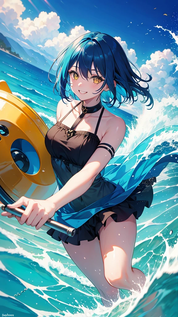 Blue hair, bob hair, Yellow eyes,water splash,smile,sea,