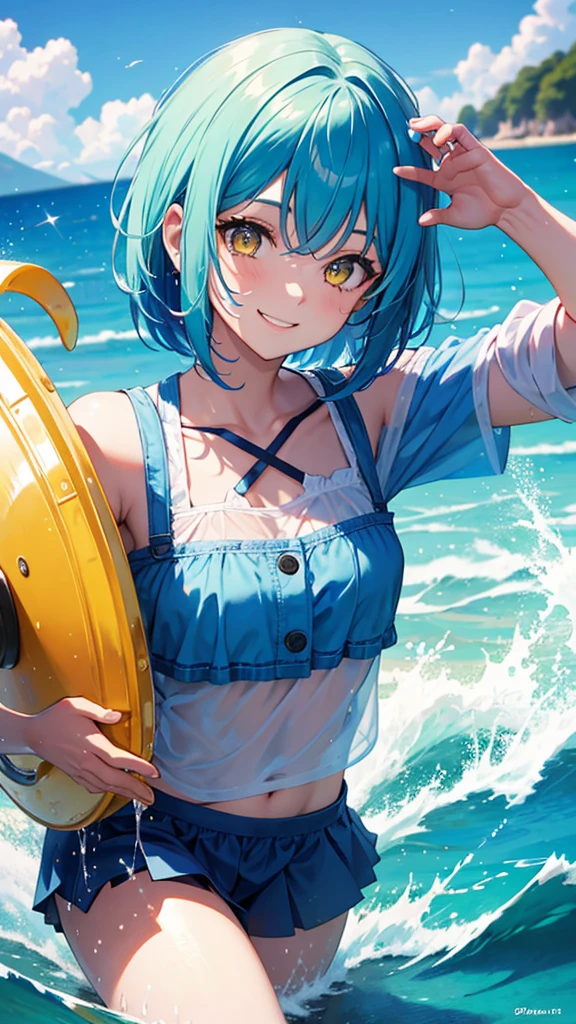 Blue hair, bob hair, Yellow eyes,water splash,smile,sea,