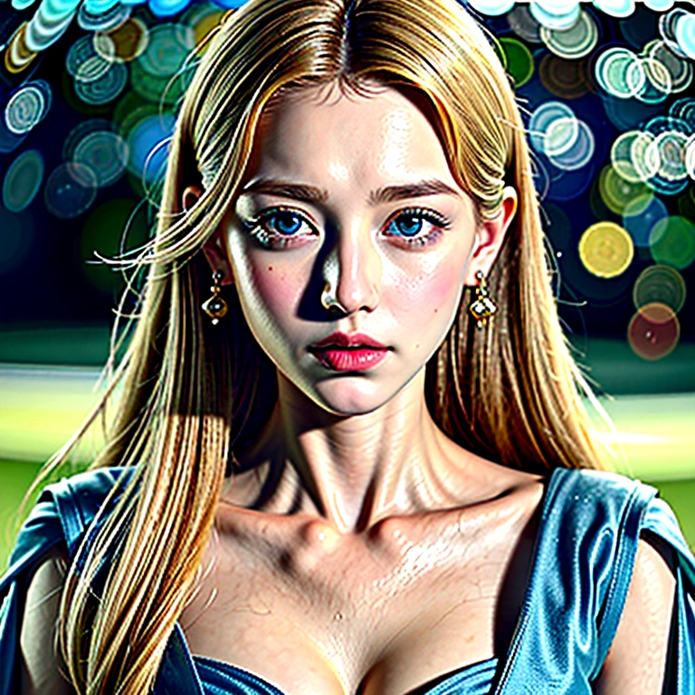 a beautiful angelic goddess, porcelain skin, flowing golden hair, piercing blue eyes, delicate facial features, serene expression, elegant flowing dress, ethereal aura, divine light, shimmering heavenly background, detailed intricate patterns, masterpiece, best quality, 8k, ultra-detailed, photorealistic