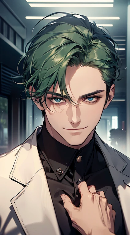 (best quality, masterpiece, 8K, photorealistic, cinematic lighting, 1:4 hdr image, ultra detailed, beautiful image), a mature man, 35 years very handsome, ((cold expression smile in love)), short green hair, blue eyes, face perfect without mistakes, ((buttoning his jacket, CEO)), smile.