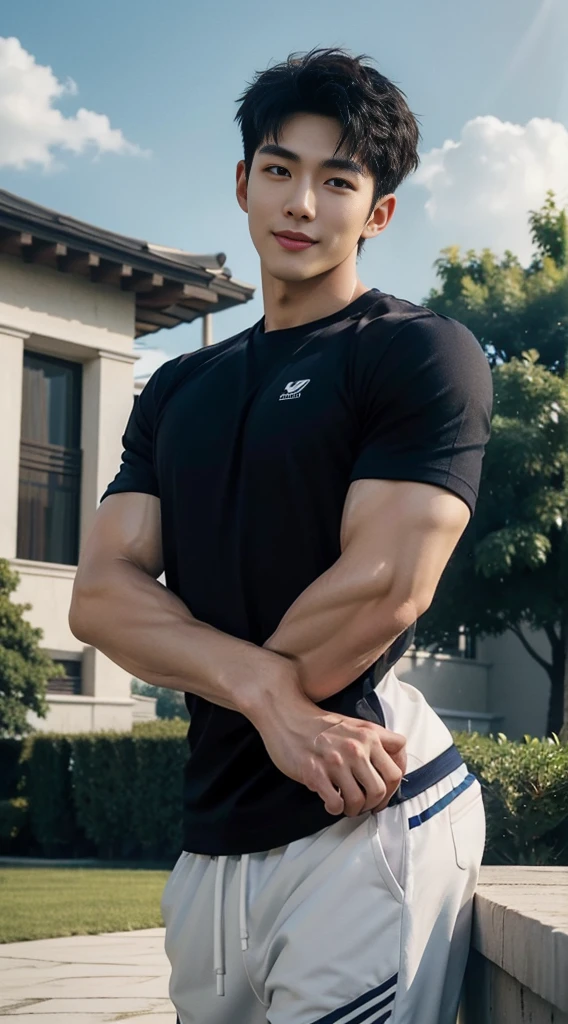 (As a matter of fact, Masterpiece, 8k HD, good light quality, sportswear, fit the face, complicated details), A handsome, muscular young Korean man. ,(Broad shoulders:1.3), 20 years old, be happy, smile brightly, detailed face, delicate eyes, มองดูsky, Wear a navy tight T-shirt.:1.6, period, black eyes, Black hair color, ผมsmooth, smooth, outdoor sports, Along the garden, Sunny,sky,Surreal,Awesome details,Highest quality,real,Open your mouth to talk.