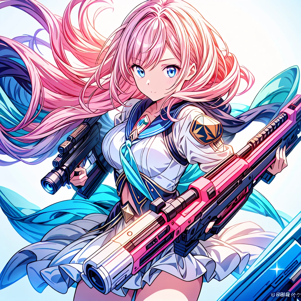 One girl、[17277fbe68],He threatened Hideo.、high quality、Maximum details、(((最high quality、masterpiece、Official Art、Best dynamic composition)))、(Thin Hair)、(Tabletop, 最high quality), Very detailed, Anime Style, whole body, Cyberpunk Girl, Gripping a high-tech rifle, Milky white and pink hair, Sparkling blue eyes, Wearing a magical girl costume , 8K high resolution, Trend Art Station, White Background, Standing in the Wilderness, whole body,