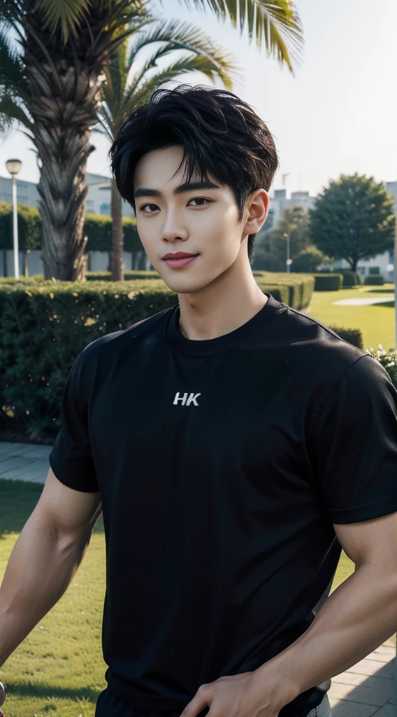 (As a matter of fact, Masterpiece, 8k HD, good light quality, sportswear, fit the face, complicated details), A handsome, muscular young Korean man. ,(Broad shoulders:1.3), 20 years old, be happy, smile brightly, detailed face, delicate eyes, มองดูsky, Wear a navy tight T-shirt.:1.6, period, black eyes, Black hair color, ผมsmooth, smooth, outdoor sports, Along the garden, Sunny,sky，Surreal，Awesome details，Highest quality，real，Open your mouth to talk.