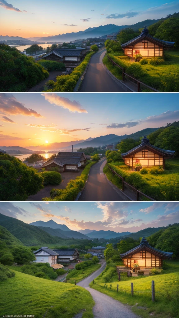 Landscape painting、Japanese village scenery、Photo Style、evening、evening、sunset、