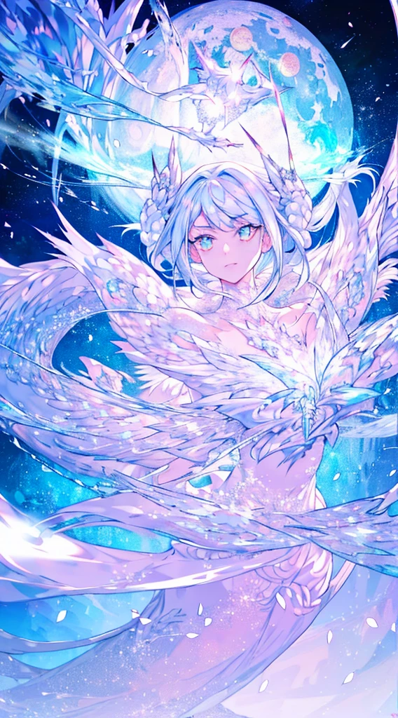 white dragon girl,(Cute Girl),teenage girl,stare,Absolutely beautiful.,exquisite face,white fluorescent tulle,A small white dragon surrounded him.,white flame particle effect,Dragon Feather Decorated with white feathers.,((Cute face)),glowing scales,Focus on the face,Detailed background,white dragon background,splash of color,Masterpiece,soft,angel,angelอากาศกระพือ,Surreal and realistic,Popular CG renderings,Highest picture quality,crystal,big moon moonlight background,Moisturized lips,8K