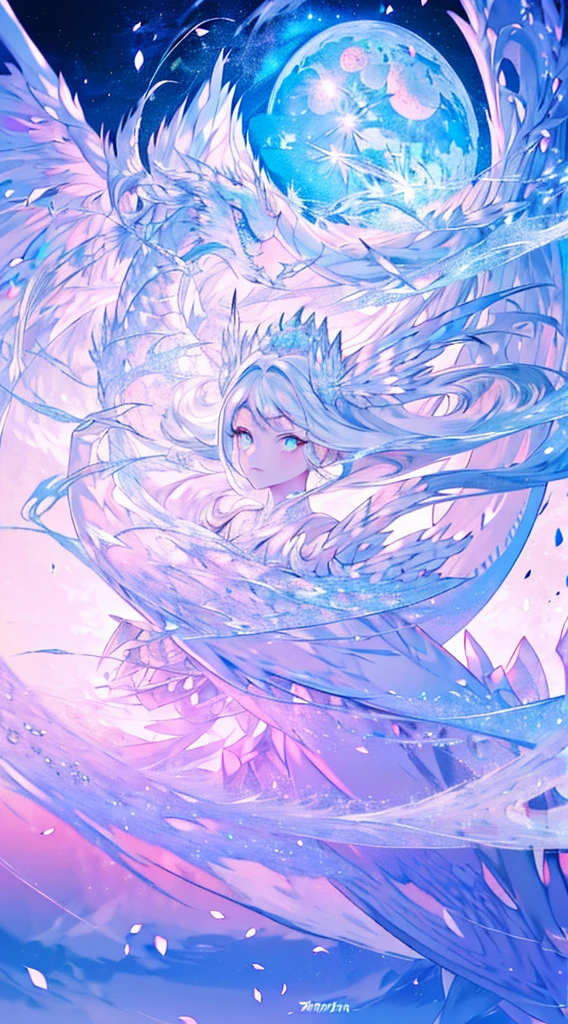 white dragon girl,(Cute Girl),teenage girl,stare,Absolutely beautiful.,exquisite face,white fluorescent tulle,A small white dragon surrounded him.,white flame particle effect,Dragon Feather Decorated with white feathers.,((Cute face)),glowing scales,Focus on the face,Detailed background,white dragon background,splash of color,Masterpiece,soft,angel,angelอากาศกระพือ,Surreal and realistic,Popular CG renderings,Highest picture quality,crystal,big moon moonlight background,Moisturized lips,8K