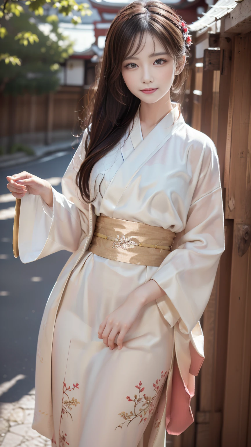 (((Regular dressing:1.5))),(Surreal), (High resolution), (8K), (Very detailed), (Best illustrations), (Beautifully detailed and sparkling eyes), (Highest quality), (Very detailedな), (masterpiece), (wallpaper), (Detailed face), (Beautiful smile)、(Beautiful expression)、One female、Looking into the camera、((Glamorous Body))、(((National treasure-class kimono)))