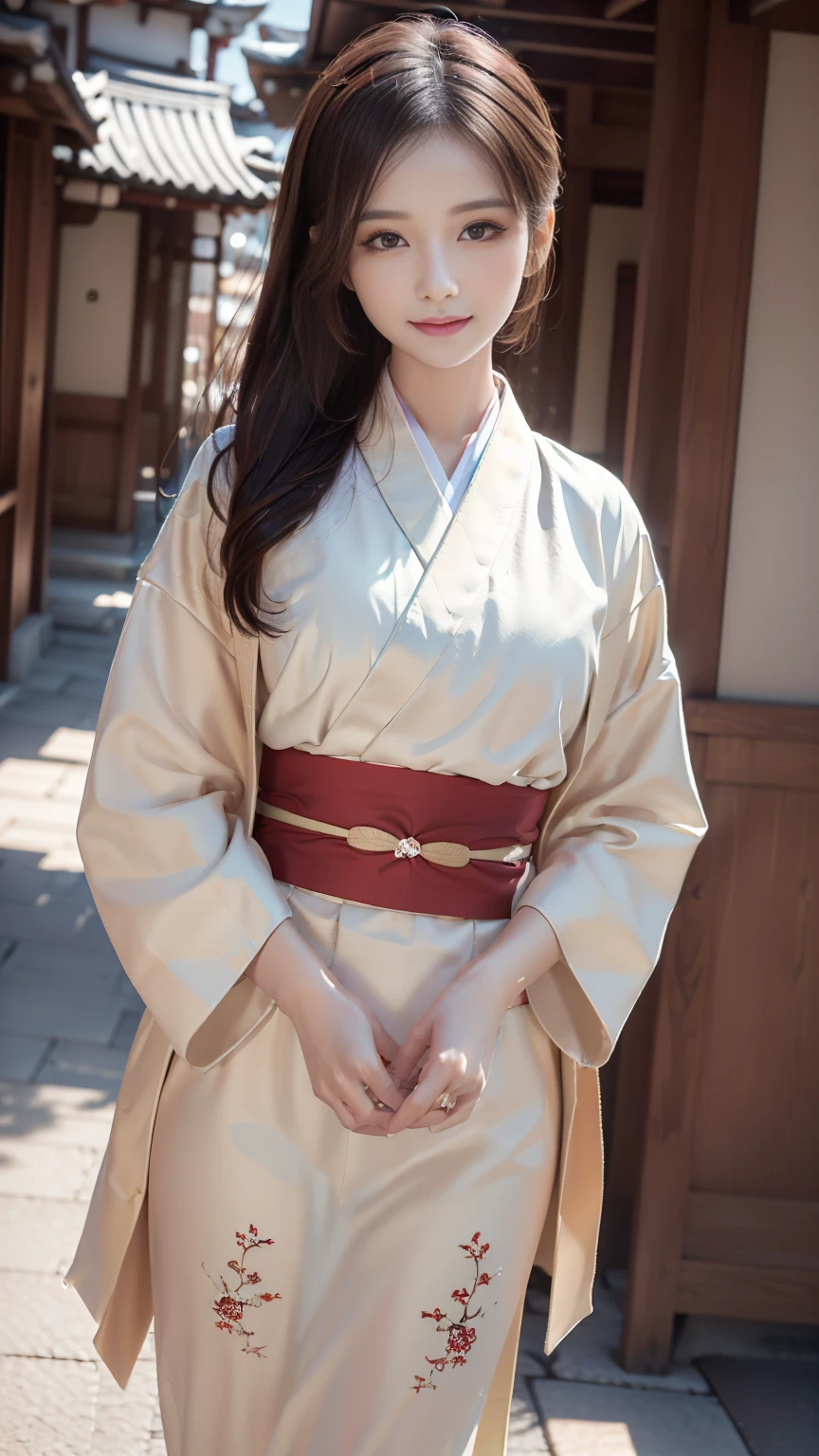 (((Regular dressing:1.5))),(Surreal), (High resolution), (8K), (Very detailed), (Best illustrations), (Beautifully detailed and sparkling eyes), (Highest quality), (Very detailedな), (masterpiece), (wallpaper), (Detailed face), (Beautiful smile)、(Beautiful expression)、One female、Looking into the camera、((Glamorous Body))、(((National treasure-class kimono)))