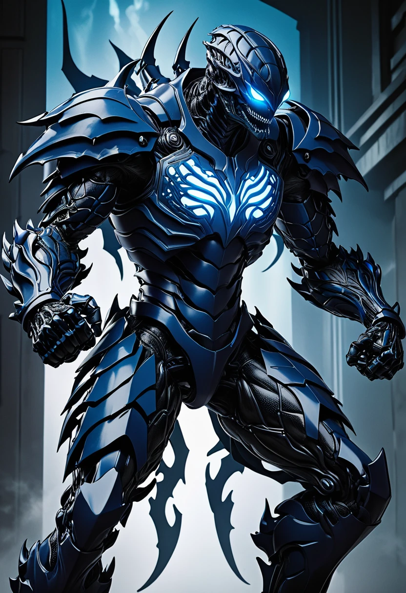 Kaiju No. 8, A striking anime illustration featuring Kafka Hibino in his kaiju form. The character is depicted in a powerful stance, with his entire body covered in a dark, armored exoskeleton. His skeletal face, with a sharp, menacing grin and piercing blue eyes, exudes an aura of intimidation. The armor on his body has glowing blue patterns that run across his chest, arms, and legs, highlighting his muscular physique and adding an otherworldly glow. His right fist is clenched, and his left hand is positioned over his chest, emphasizing his readiness for battle. The intricate details of his armor, including the segmented plates on his legs and the claw-like features on his feet, are clearly visible. The background is a simple white, putting full focus on Kafka's imposing figure and the luminous blue highlights of his kaiju transformation.