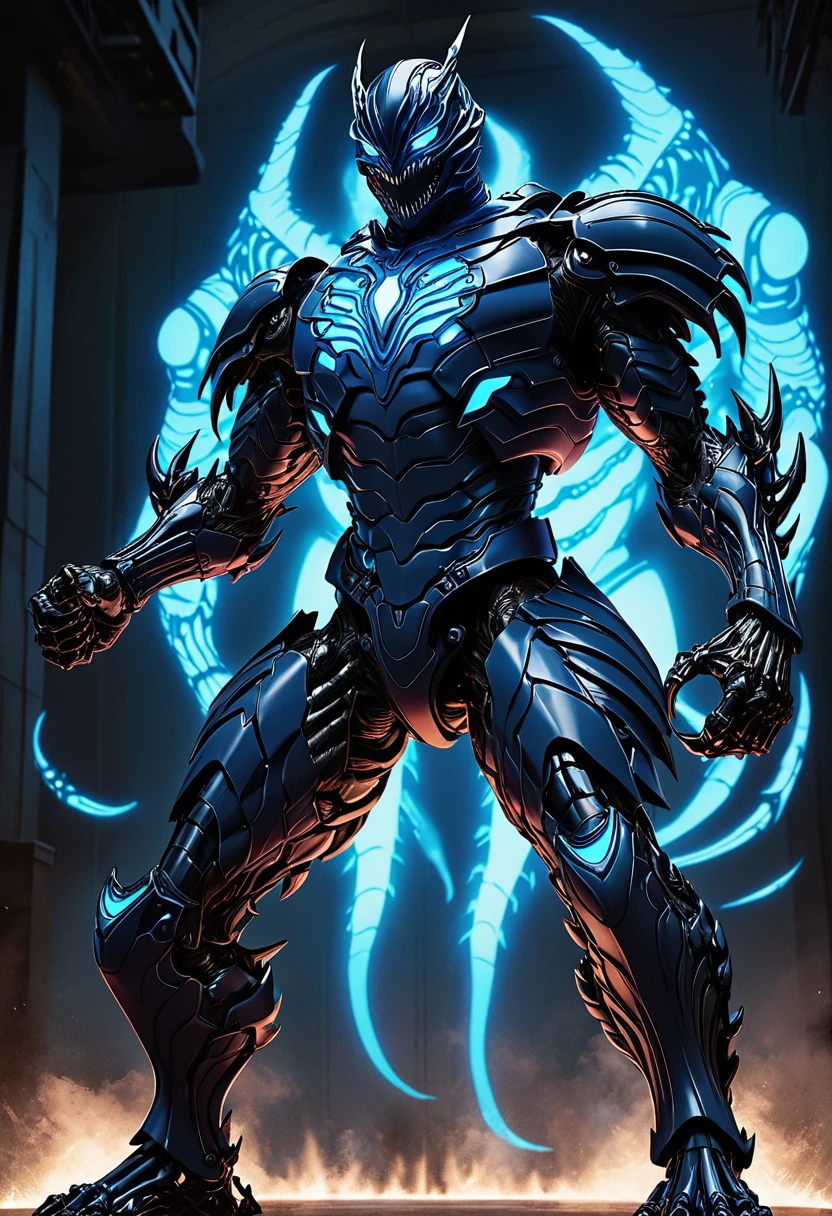 Kaiju No. 8, A striking anime illustration featuring Kafka Hibino in his kaiju form. The character is depicted in a powerful stance, with his entire body covered in a dark, armored exoskeleton. His skeletal face, with a sharp, menacing grin and piercing blue eyes, exudes an aura of intimidation. The armor on his body has glowing blue patterns that run across his chest, arms, and legs, highlighting his muscular physique and adding an otherworldly glow. His right fist is clenched, and his left hand is positioned over his chest, emphasizing his readiness for battle. The intricate details of his armor, including the segmented plates on his legs and the claw-like features on his feet, are clearly visible. The background is a simple white, putting full focus on Kafka's imposing figure and the luminous blue highlights of his kaiju transformation.
