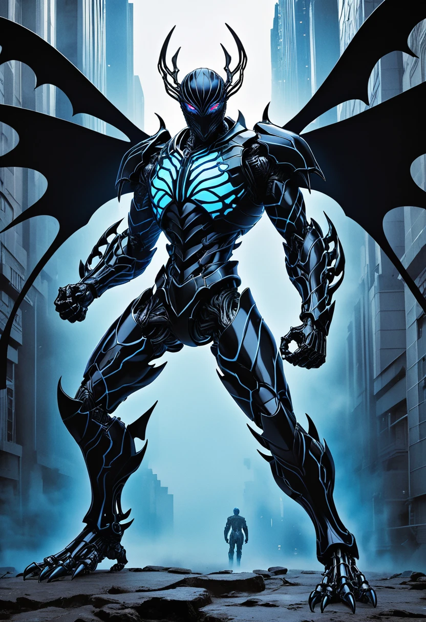 Kaiju No. 8, A striking anime illustration featuring Kafka Hibino in his kaiju form. The character is depicted in a powerful stance, with his entire body covered in a dark, armored exoskeleton. His skeletal face, with a sharp, menacing grin and piercing blue eyes, exudes an aura of intimidation. The armor on his body has glowing blue patterns that run across his chest, arms, and legs, highlighting his muscular physique and adding an otherworldly glow. His right fist is clenched, and his left hand is positioned over his chest, emphasizing his readiness for battle. The intricate details of his armor, including the segmented plates on his legs and the claw-like features on his feet, are clearly visible. The background is a simple white, putting full focus on Kafka's imposing figure and the luminous blue highlights of his kaiju transformation.