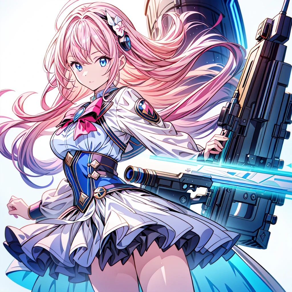One girl、[17277fbe68],He threatened Hideo.、high quality、Maximum details、(((最high quality、masterpiece、Official Art、Best dynamic composition)))、(Thin Hair)、(Tabletop, 最high quality), Very detailed, Anime Style, whole body, Cyberpunk Girl, Gripping a high-tech rifle, Milky white and pink hair, Sparkling blue eyes, Wearing a magical girl costume , 8K high resolution, Trend Art Station, White Background, Standing in the Wilderness, whole body,
